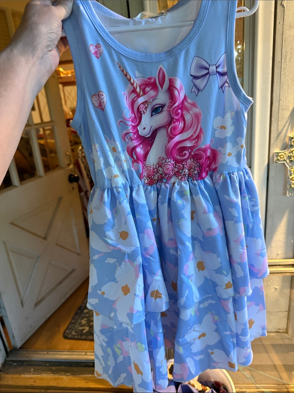 NWT Blue Unicorn Print Tiered Dress with Pink Accent girls age 5